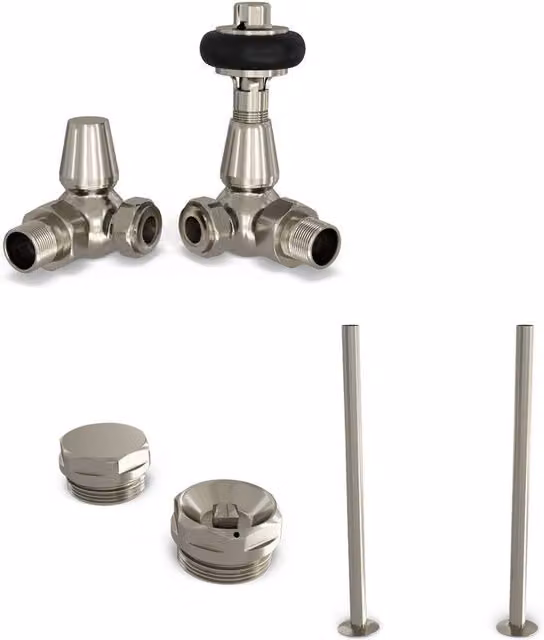 UK Radiators Signature Wooden Head Thermostatic Radiator Valve Installation Kit in Silver Nickel