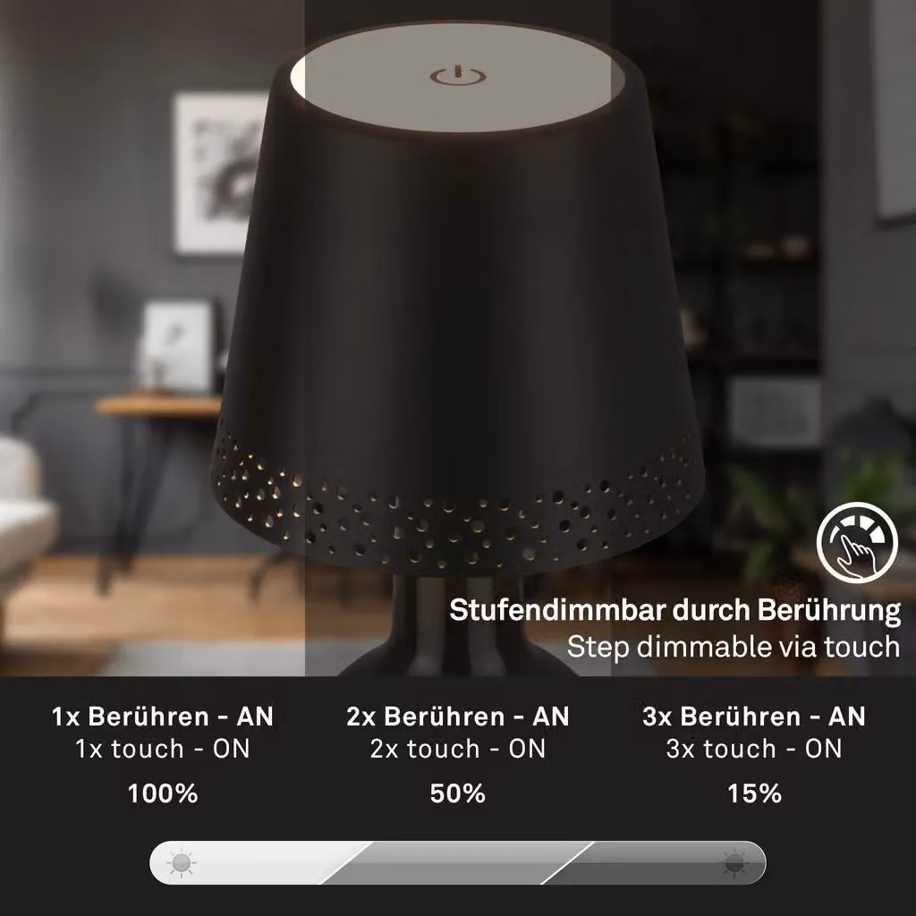 Briloner Black Rechargeable LED Bottle Lamp with Touch Dimming and USB-C, IP44 Outdoor Table Lamp, W/D/H: 11 x 11 x 9 cm – 5