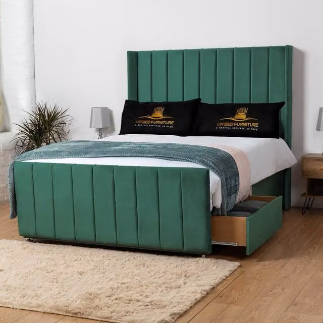 UK Bed Furniture Seoul Green Velvet Wingback Divan Bed with 54 Inch Headboard and 2 Drawers, W/D/H: 140 x 200 cm