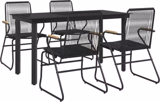 Berkfield Home Beautiful 5 Piece Black PVC Rattan Garden Dining Set with Glass Top Rectangular Table and Teak Wood Accents – 1