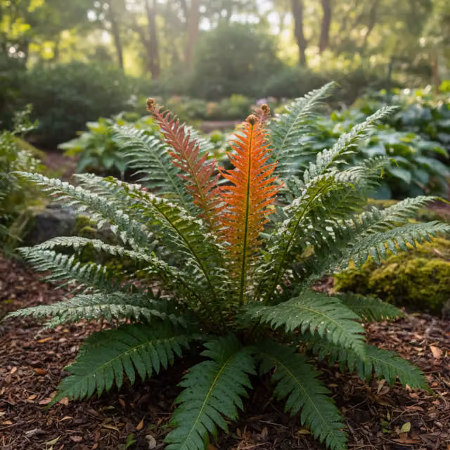 Plants By Post Blechnum Volcano Fern, Hardy Evergreen Shade Garden Plant in Bronze-Red and Green