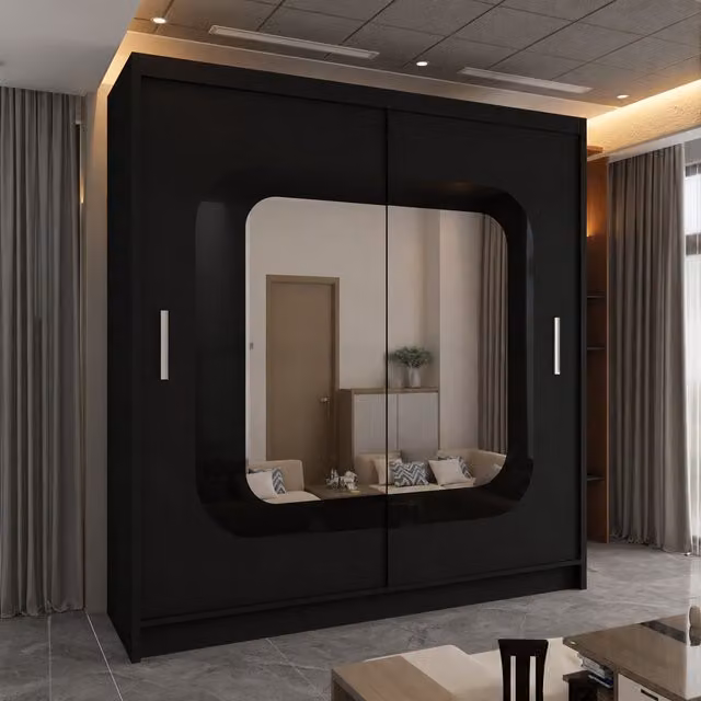 Sliding Wardrobes 4U Chenai Black Sliding Door Wardrobe with Mirror Glass Design W: 150 cm, H: 217 cm