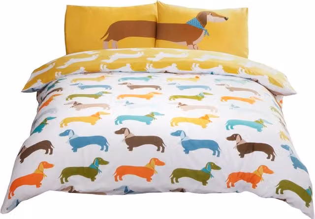 Rapport Home Reversible Sausage Dog Microfibre Duvet Cover and Pillowcase Set in Yellow and White, W/D/H: 200 x 200 cm