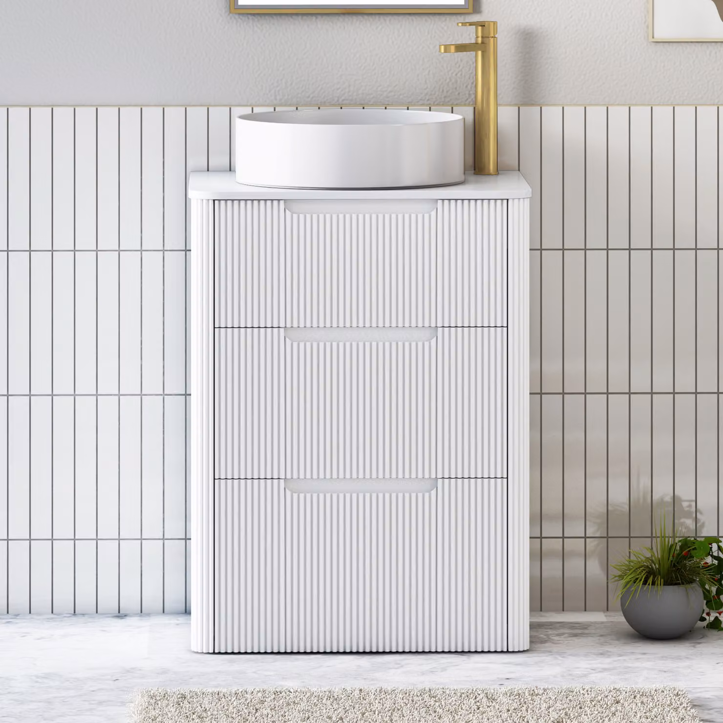 Royal Bathrooms Avenza Matt White Floor Standing 3 Drawer Vanity Unit with Plain White Worktop and Art Round Basin Width: 60 cm