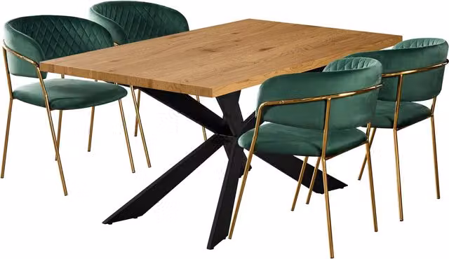 Life Interiors Atarah Duke LUX Dining Set with Rectangular Wood Table and 4 Green and Gold Chairs