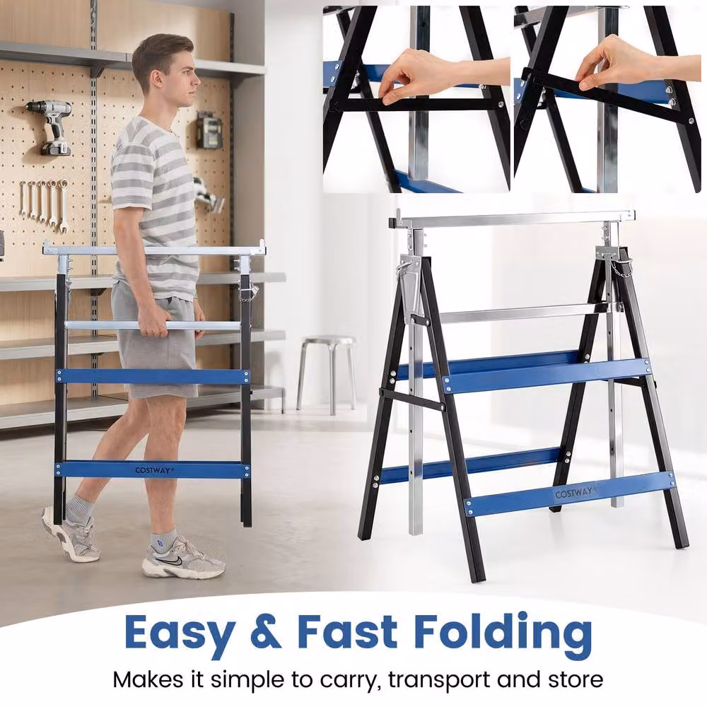 Gymax 2 Pack Folding Metal Saw Horses with Adjustable Height in Blue – 6