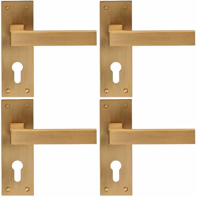 Loops 4 Pair Straight Square Handle on Euro Lock Backplate, Antique Brass, 150 x 50 mm