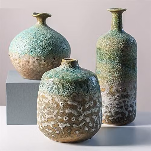JINGYAN Handmade Ceramic Stoneware Flower Vase in Green, H 18 cm x W 17 cm x D 17 cm