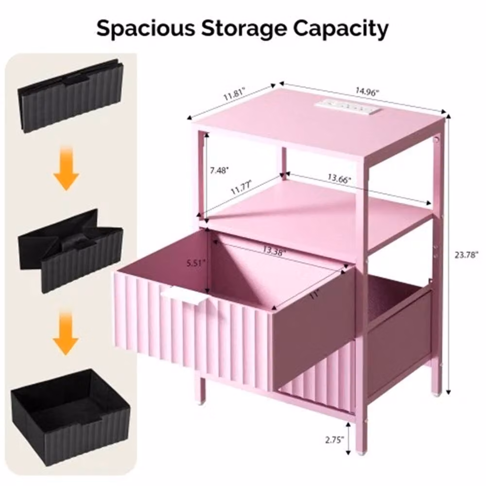 VOGREX Pink Bedside Table with 2 Drawers and Charging Station – 2