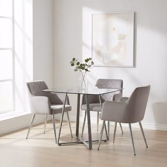 Premier Housewares Modern Square Glass Dining Table with Geometric Lattice Base, Grey, W/D/H: 90 x 90 x 76 cm