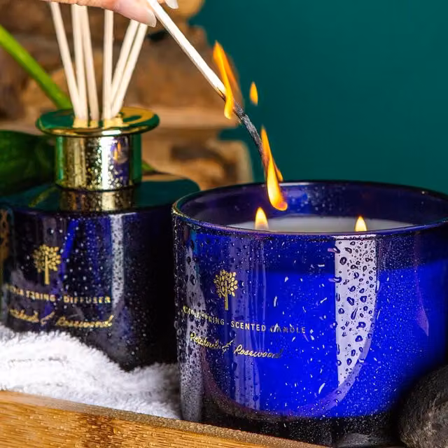 Nicola Spring Scented Candle and Reed Diffuser Set in Blue, Patchouli and Rosewood