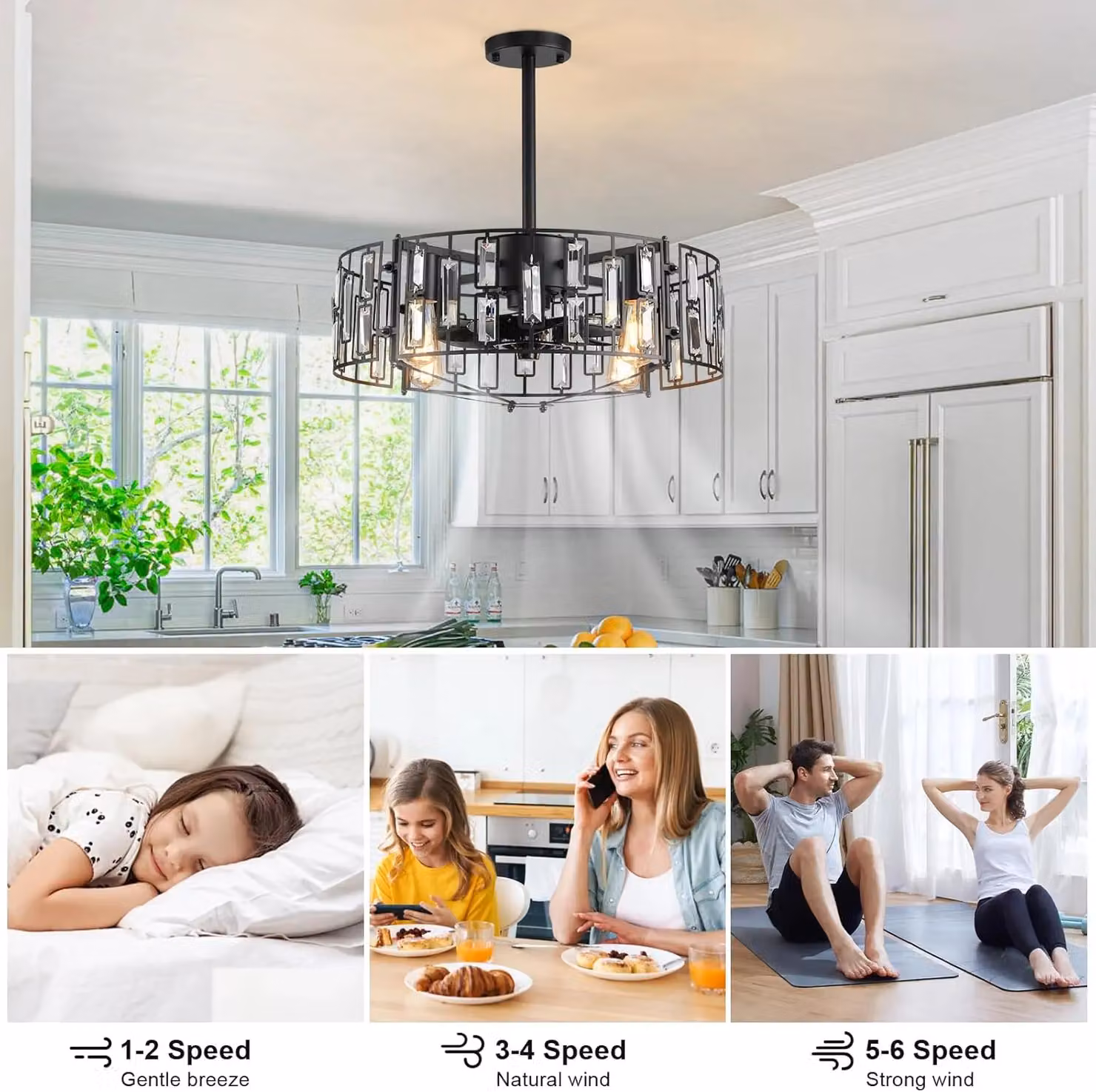 Garwarm Fandelier Ceiling Fan with Crystal Pendant Lamp, Black, Diameter: 50 cm – 4