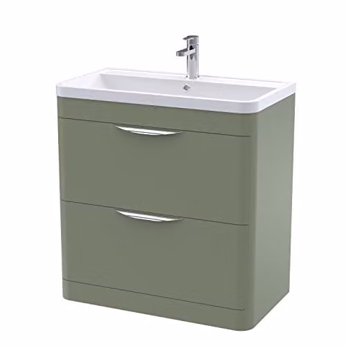 nuie Parade Modern 2 Drawer Bathroom Floor Standing Vanity Cabinet with Polymarble Basin, Satin Green, W: 80.0 cm, D: 44.5 cm, H: 79.6 cm