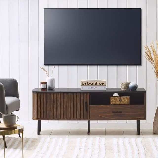 Wyld and Coco 54-Inch Retro TV Stand with Sliding Cabinet in Brown – 1