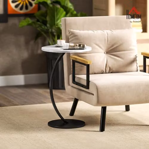 HOMCOM C Shaped Round Side Table with White Marble Effect Top and Metal Frame, W/D/H: 40 x 40 x 61.5 cm – 2