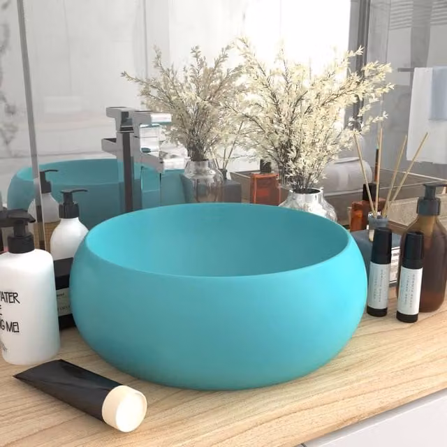 Berkfield Home Luxury Round Ceramic Wash Basin in Matt Light Green, Diameter: 40 cm, Height: 15 cm