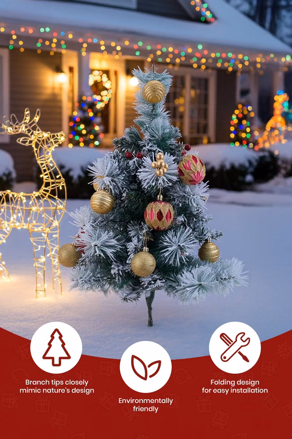 Living and Home 2-Piece Mini Frosted Outdoor Christmas Tree Set with Red and Gold Balls in Green, Red, and Multicolour – 2