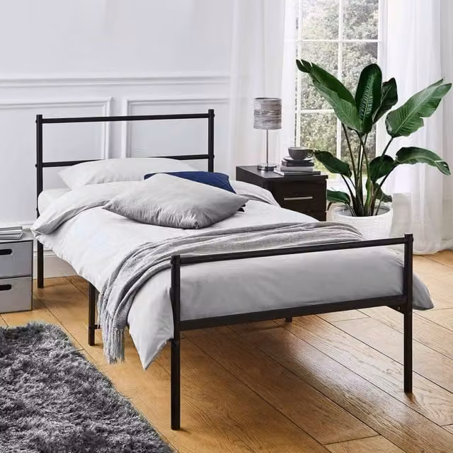House Of Home Extra Strong Minimalist Metal Single Bed Frame in Silver and Black, 90 x 190 cm