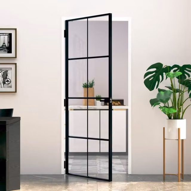 Berkfield Modern Interior Door in Black with Tempered Glass and Aluminium, W: 83 cm, H: 201.5 cm