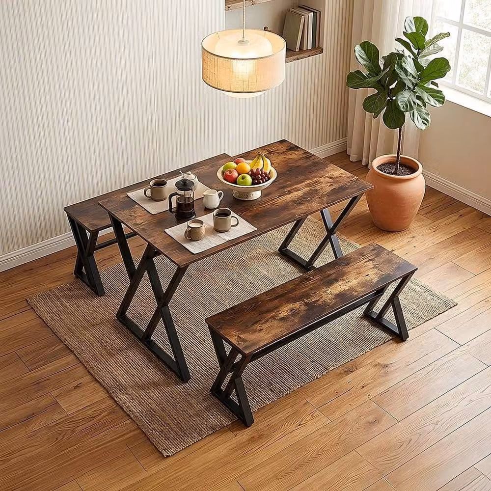 KORVIXA Industrial Square Dining Table and 2 Benches Set with Z-Shaped Metal Base, Brown – 3