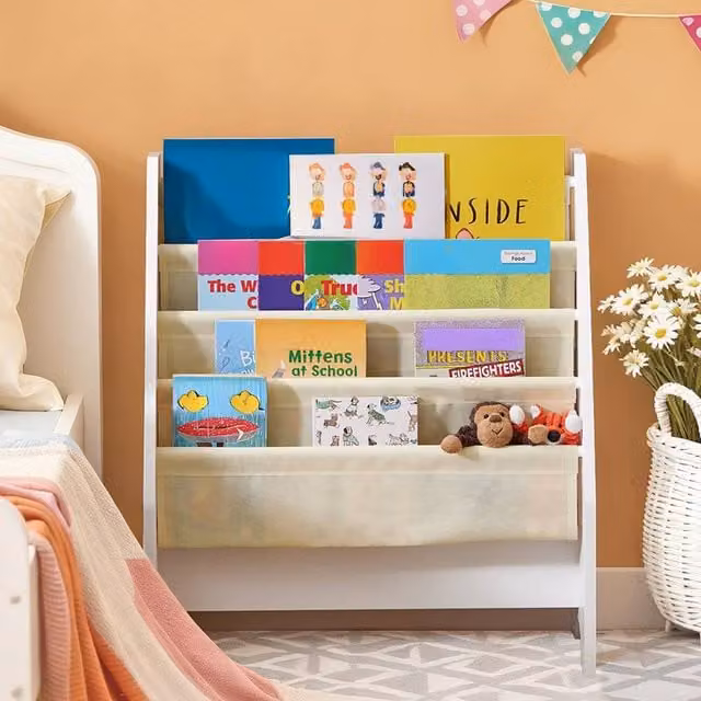 SoBuy Kids Book Rack with 4 Fabric and MDF Compartments in White, Pink or Blue