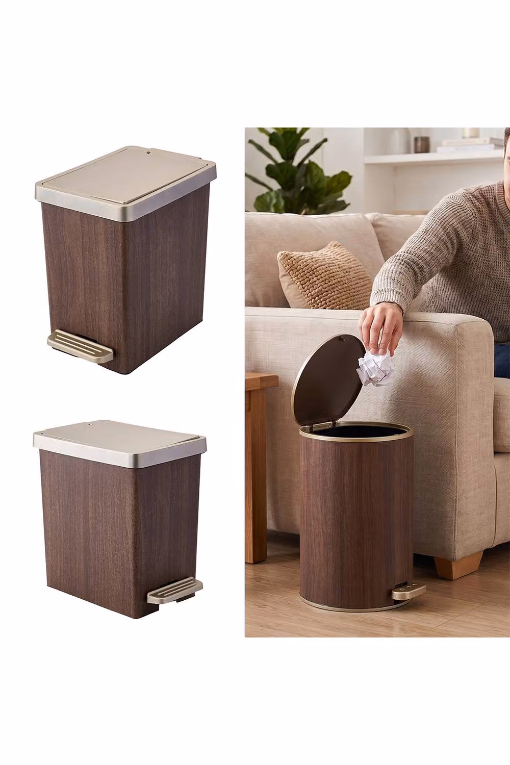 Living and Home Square Wood Effect Pedal Bin with Dual Open Lid in Brown, Medium – 5