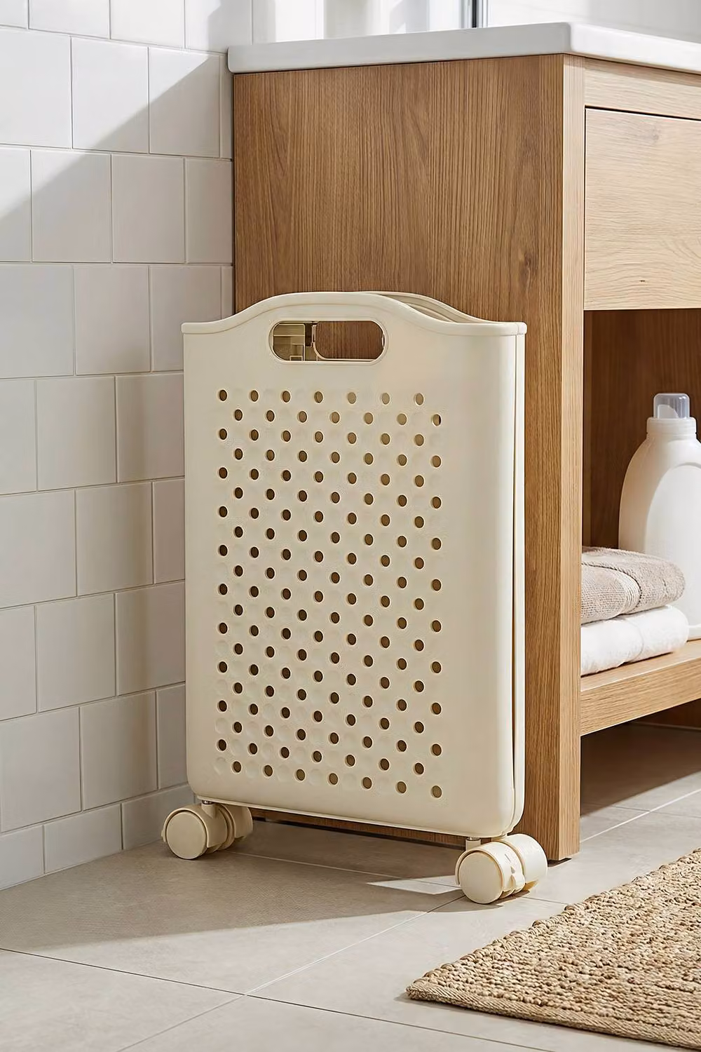 Garden Sanctuary Foldable Plastic Laundry Basket with Wheels in Beige – 2