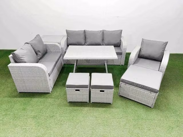Fimous Patio Dining Table and Chairs Set with Reclining Chair and Side Table in Light Grey