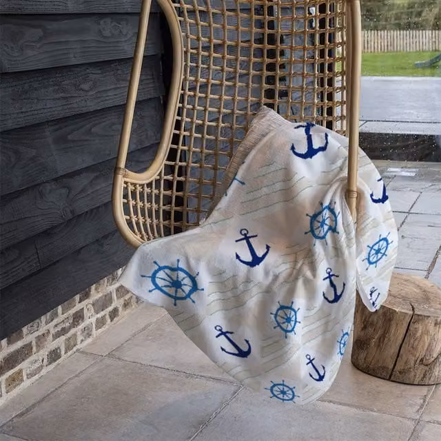 Benjamin Tate Design Nautical Elements Striped Fleece Blanket in Blue and Beige, W/D/H: 120 x 150 cm