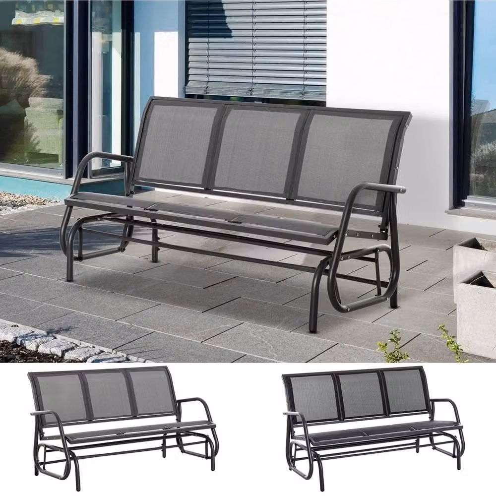 FORGEVIO 3-Seat Metal Glider Rocking Chair Garden Bench in Black – 4