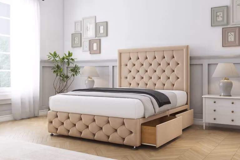 Comfort Beds Winchester Plush Divan Set with 2 Drawers, Chesterfield Headboard and Footboard in Stone, W/D/H: 120 x 200 cm