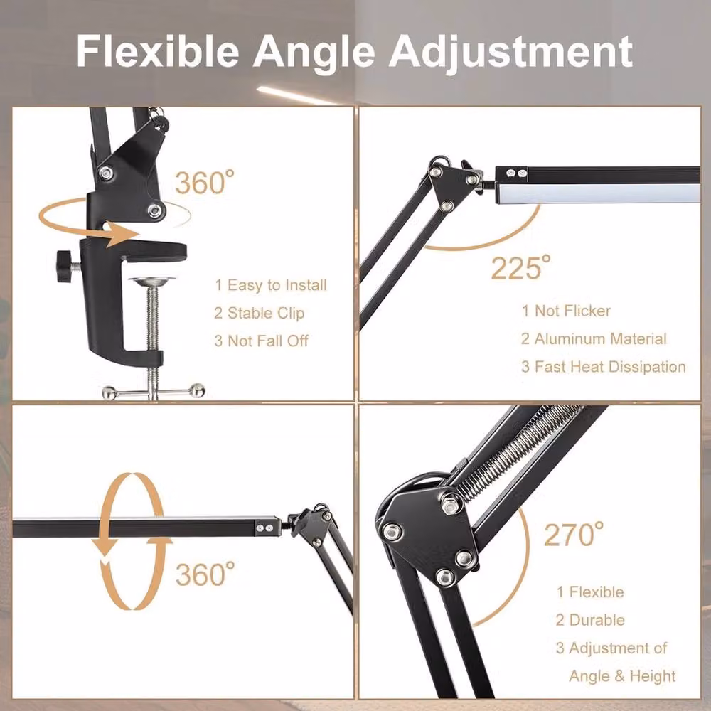 VOGREX Black 12W LED Clamp Desk Lamp with 3 Colour Modes and Touch Control for Home and Office – 2