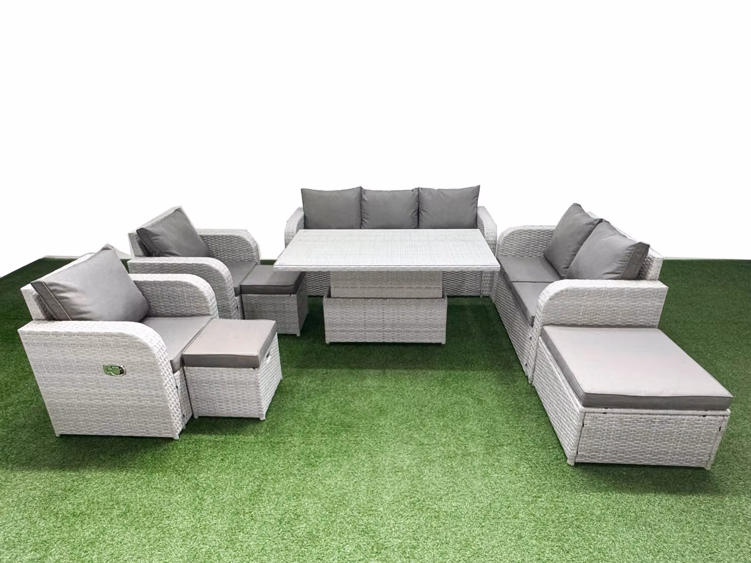 Fimous Grey PE Rattan Garden Furniture Set with Reclining Chairs, 2 Seater Sofa, Ottoman and Coffee Table – 2