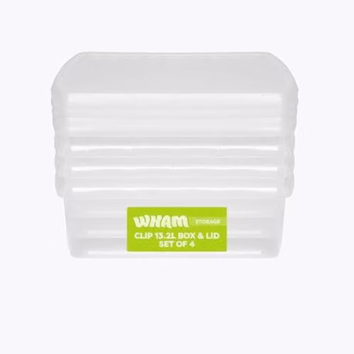 Wham 4 x 13.2L Square Stackable Plastic Storage Boxes with Lids, Transparent