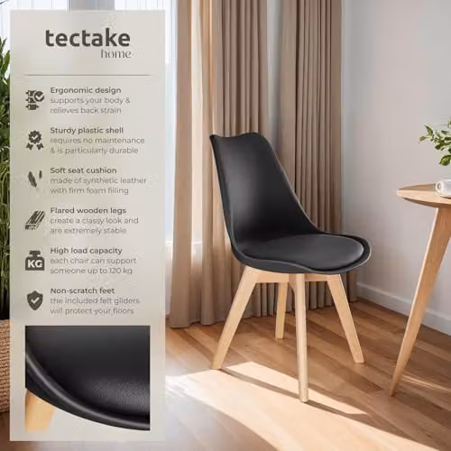 tectake Set of 4 Scandinavian Design Dining Chairs with Wood Legs in Black – 3