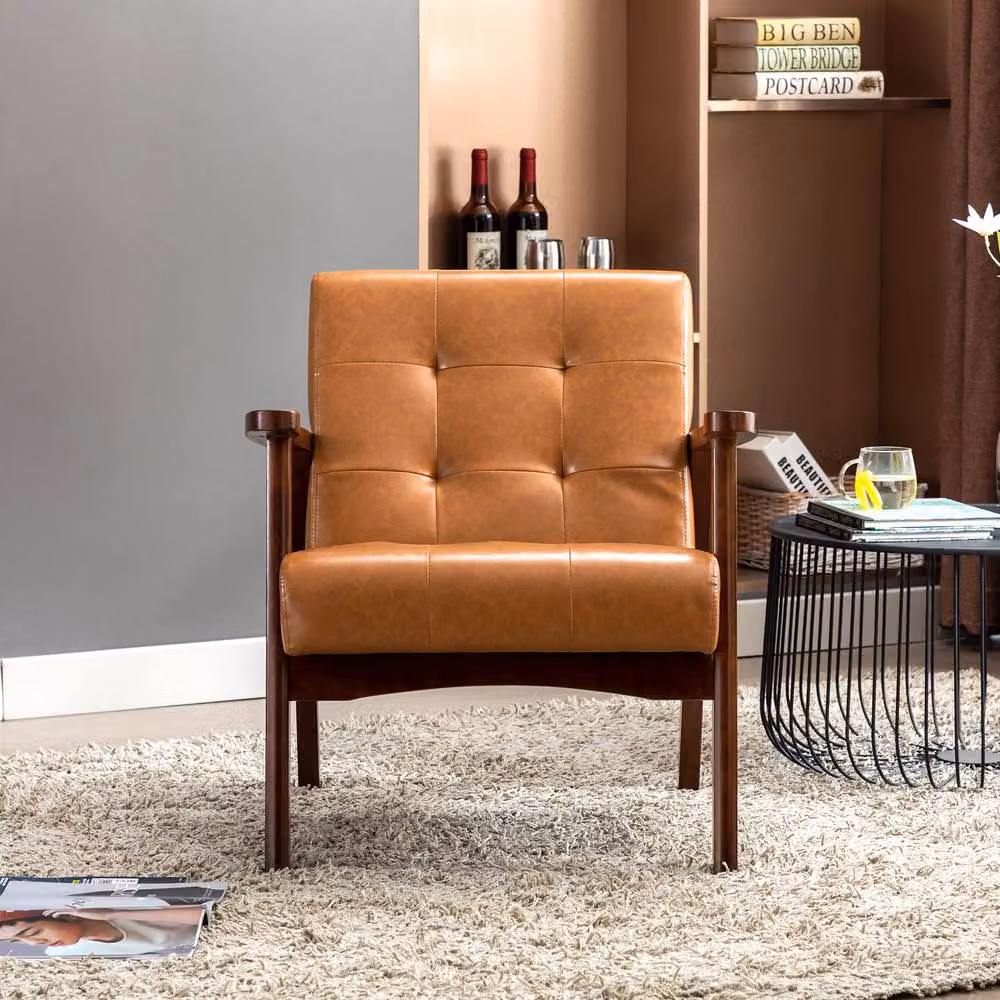 HomeMiYN Vintage Faux Leather Armchair with Solid Wood Legs in Burnt Orange – 3