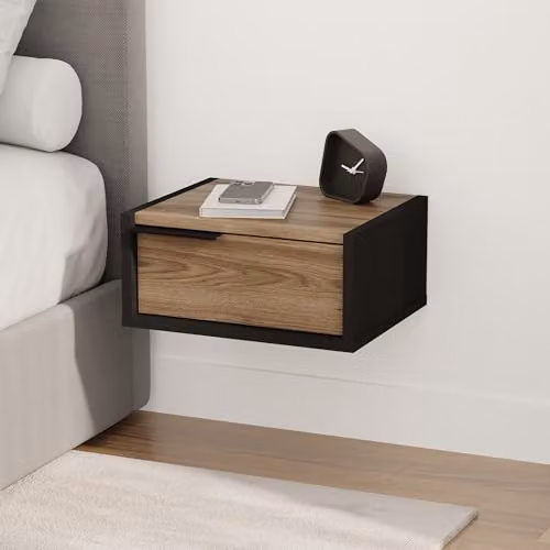 HOCUS PICUS Eco Wall Mounted Nightstand in Black Whiskey Oak Wood and Metal – 1