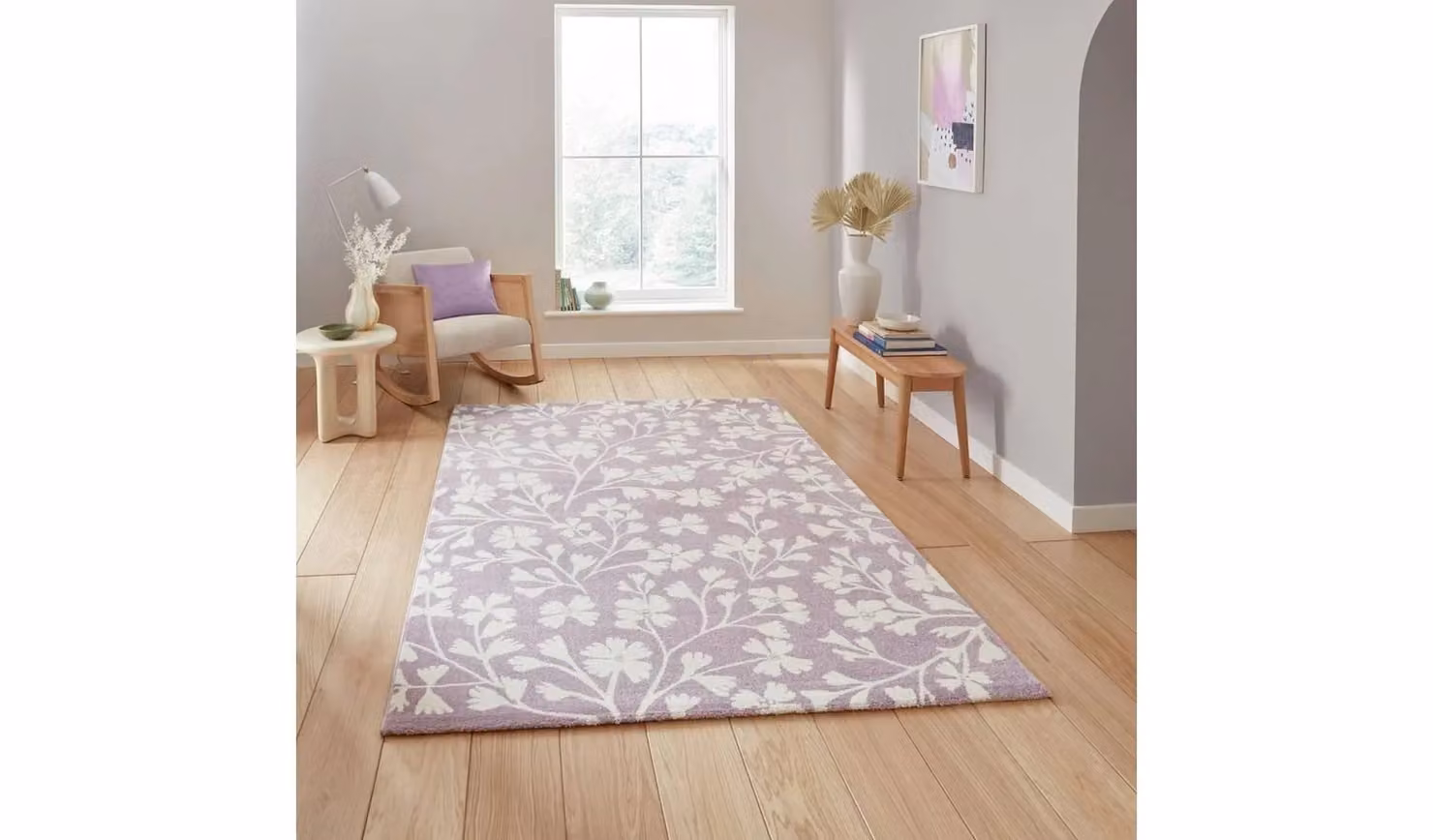 Catherine Lansfield Floral Lilac Rectangular Rug, W: 80 cm, L: 150 cm, Purple and White Polypropylene