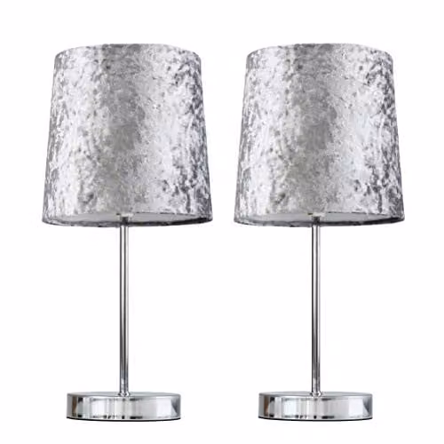 ValueLights Set of 2 Modern Polished Chrome Table Lamps with Silver Fabric Shades – 1