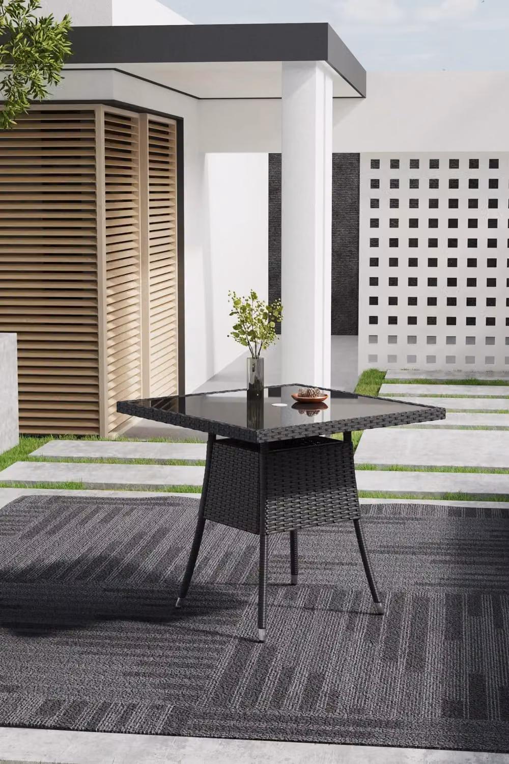 Living and Home Garden Black Wicker 4 Seater Dining Table with Tempered Glass Top and Parasol Hole – 1