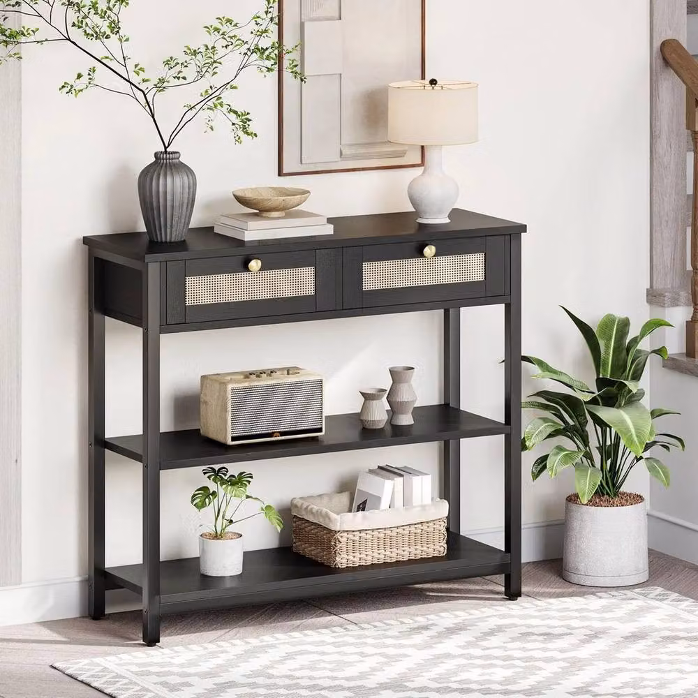 FORGEVIO Modern 3-Tier Black Rattan-Style Console Table – 3