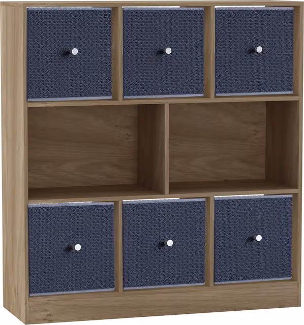 URBNLIVING 8 Cube Oak Bookcase with 6 Navy Blue Fabric Storage Drawers