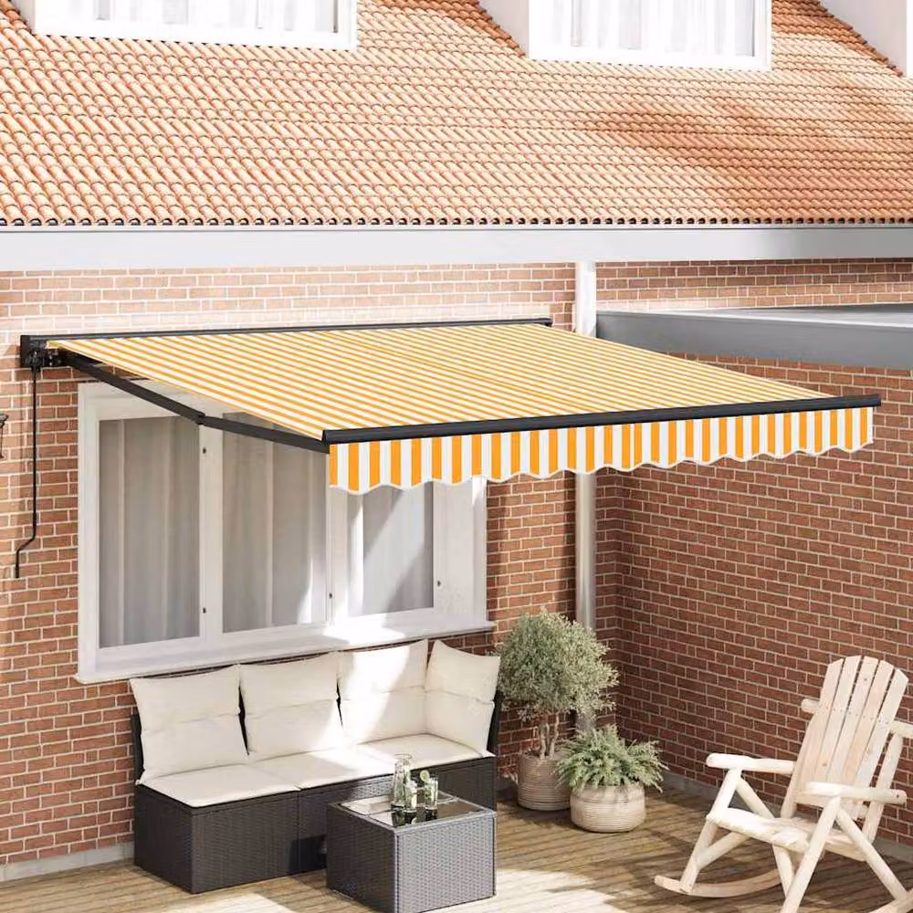 Berkfield Home Manual Retractable Folding Arm Awning in Orange, Yellow and White, W: 300 cm, D: 250 cm – 2