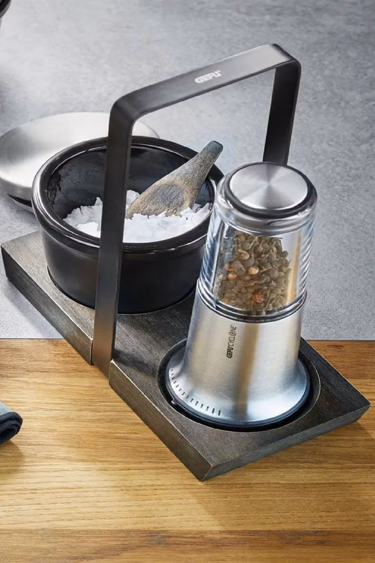 Gefu X-Plosion Acacia Wood Stand with Stainless Steel Handle, Brown, Size M