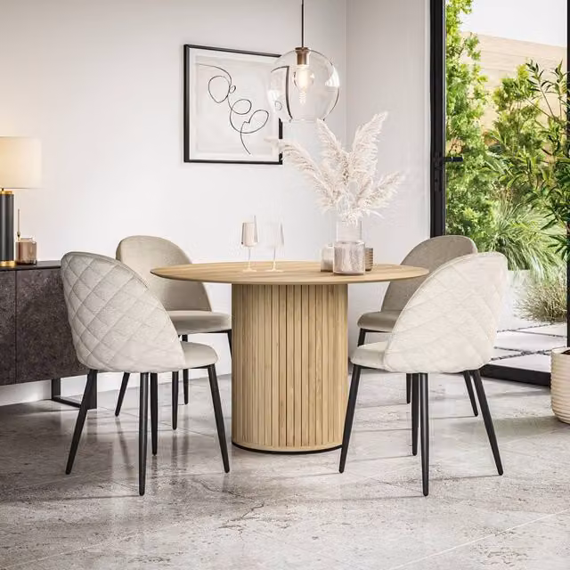 More4Homes Arlo Oak Round Dining Table and Raye Beige Velvet Dining Chairs Set of 6, W/D/H: 120 x 120 x 75 cm