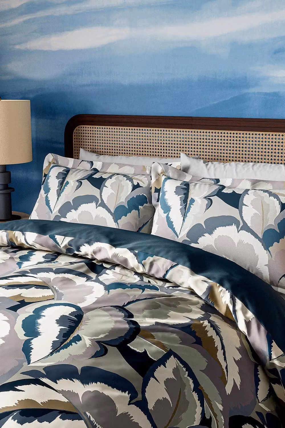 Harlequin Calathea Floral Cotton Mako Satin Duvet Cover and Pillowcase Set, Blue and Multicolour, W: 140 cm, L: 200 cm – 2