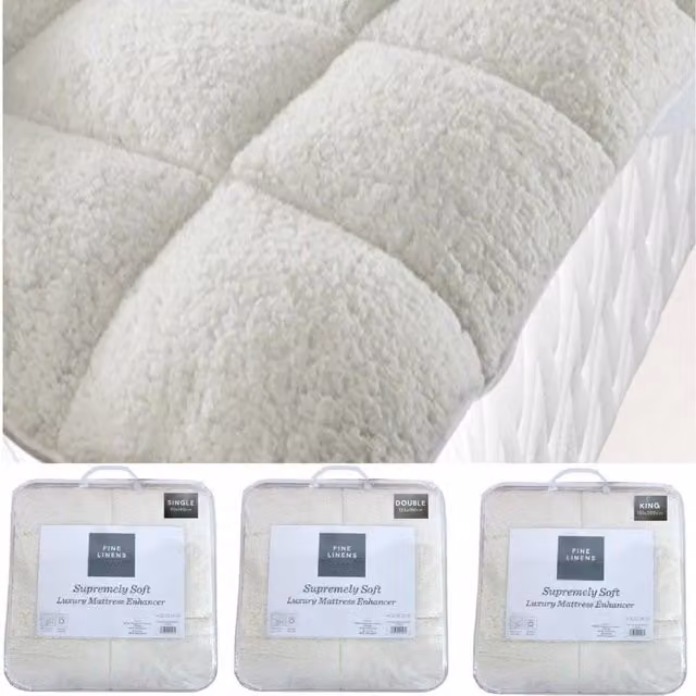 Fine Linen Super Soft Teddy Fleece Mattress Topper in White, W: 150 cm x D: 200 cm