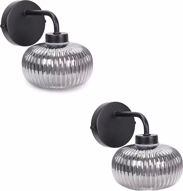 ValueLights Amaia IP44 Bathroom Wall Lights with Ribbed Glass Shades, Black (Pair of 2)