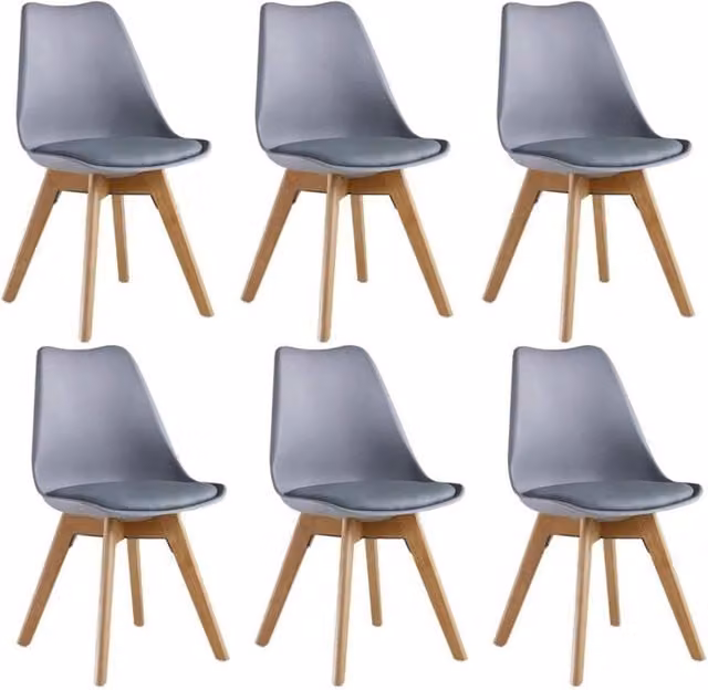 Life Interiors Set of 6 Tulip Dining Chairs with Grey Synthetic Leather Padded Seats and Solid Wood Legs – 1