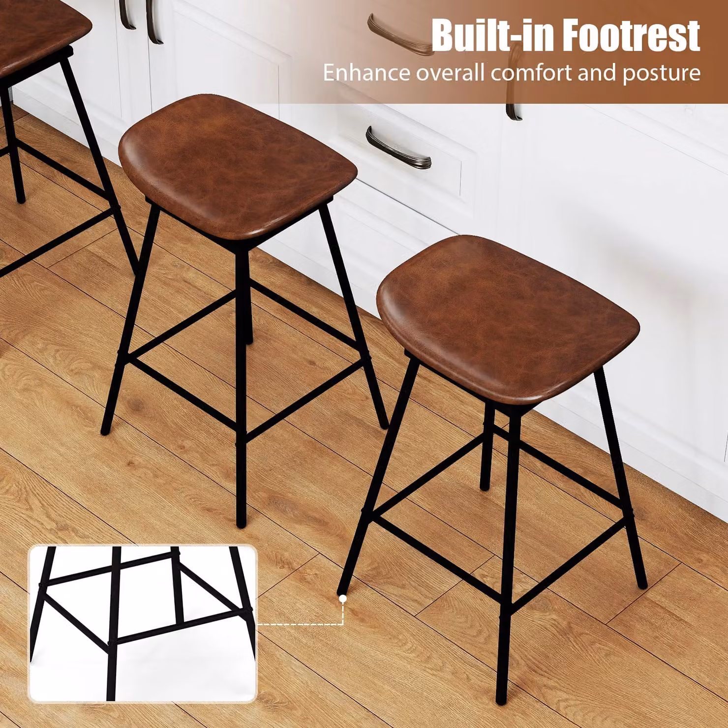 Costway Set of 2 Brown Faux Leather Swivel Barstools with Metal Frame – 6